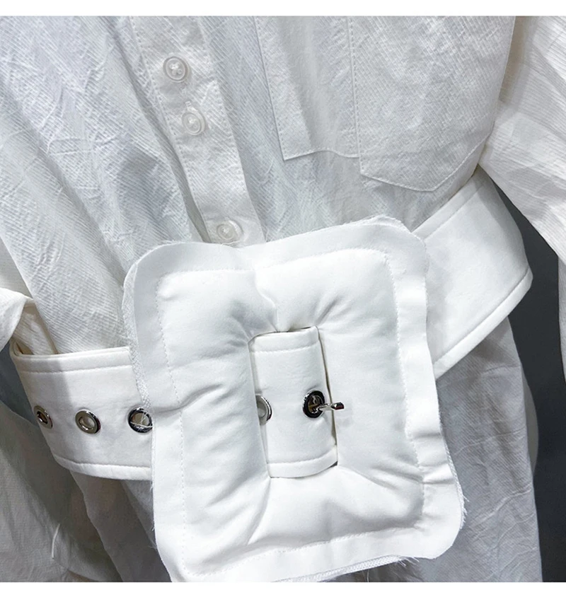 

Big Size Women Square Buckle Belt Blouse New Lapel Long Sleeve Loose Fit Shirt Fashion Tide Spring Autumn 2021 1DD2148