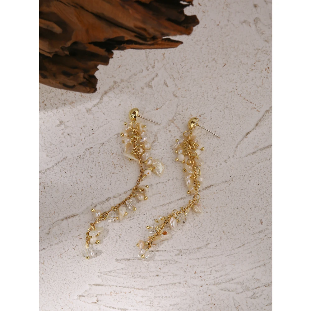 Yhpup Модная медная длинная цепь длинные висячие серьги с натуральным жемчугом