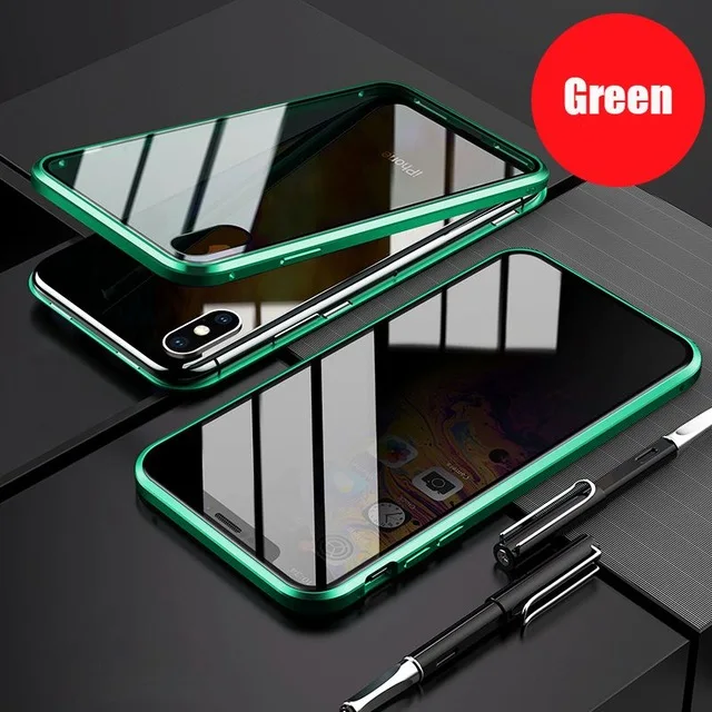 Green Магнитный металлический чехол для телефона для iPhone 11 Pro X XR XS Max 7 8 6 S Plus закаленное стекло магнит антишпионский чехол для iPhone 11 - Цвет: Green