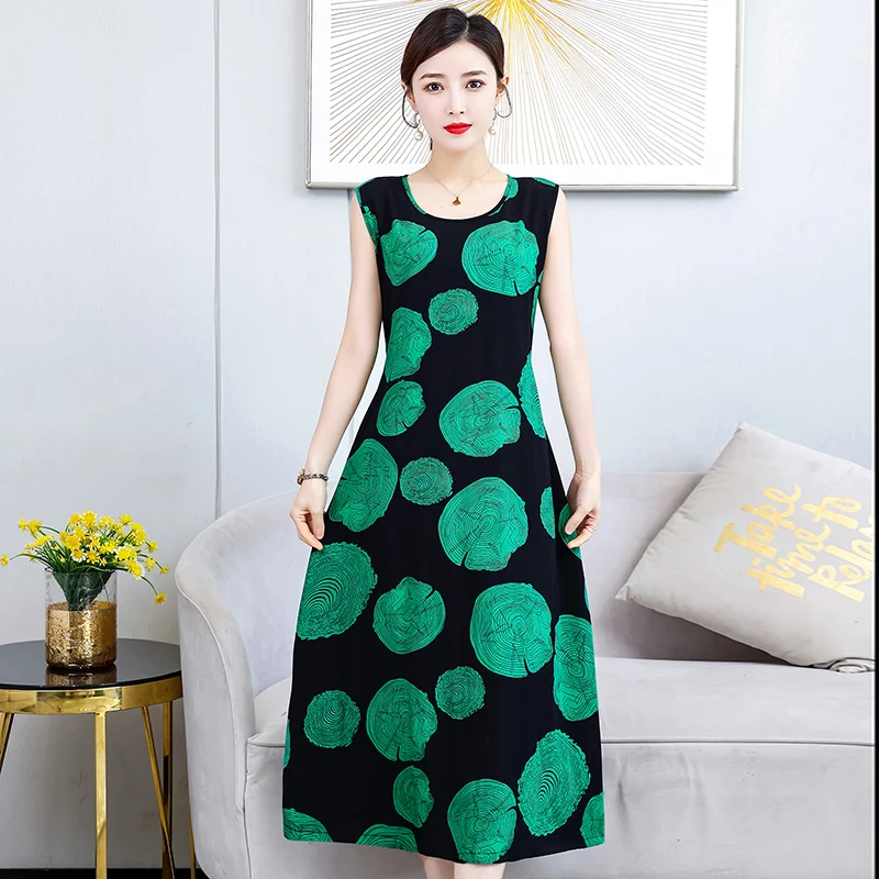 

Print Sleeveless Tank Dress for Female Summer O-Neck Ladies A-Line Long Dresses Basic Woman Loose Mid-Calf Sundresses