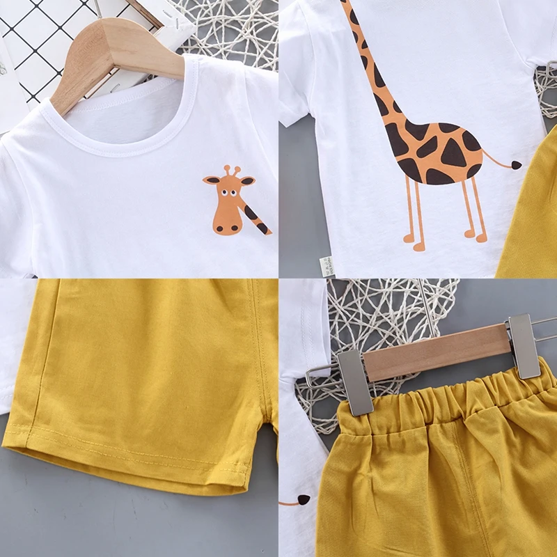 

Children's Boy Clothing Suit Summer Cute Cartoon Giraffe Print Casual T-Shirts Tops+ Solid Short Pants Toddler Kids Boys Clothes