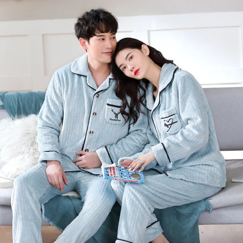 Flannel Pajamas Women Long Sleeved Coral Velvet Autumn Winter Lovers Plush Thickened Men's Home Clothes Suit Straight Hair