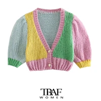 traf za women sweet fashion patchwork cropped cable knit cardigan sweater vintage puff sleeve female outerwear chic tops