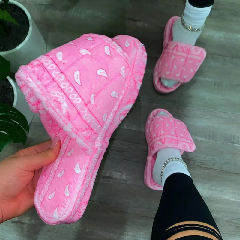 

Сандалии женские с принтом, мягкие босоножки на плоской подошве, повседневные домашние тапочки, меховые тапочки с открытым носком, для спал...