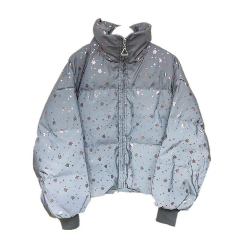 

Зимняя женская уличная одежда, пуховая хлопковая Светоотражающая куртка оверсайз, короткое теплое Женское пальто, парка со снежинками и бл...