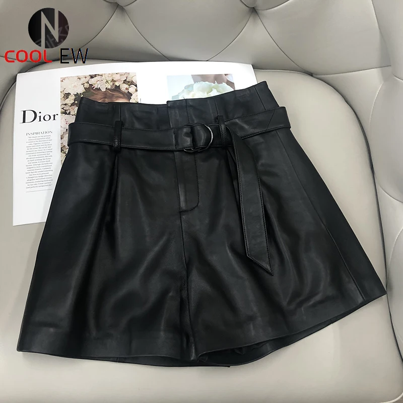 

Shorts women plus size high waist genuine leather shorts with belt 2021 new fashion short pants women casual pantalones cortos