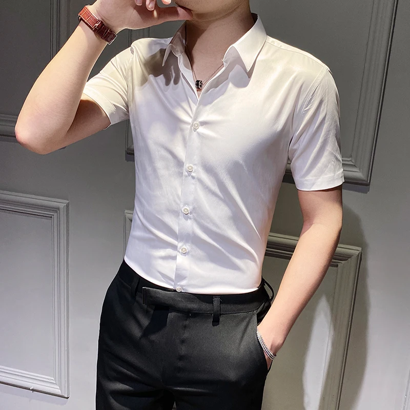 

Business Summer Mens Shirts Casual Slim Fit Dress Shirts Short Sleeve Solid Colors Night Club Party Tuxedo Shirts Male Clothing