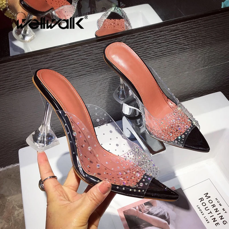 

Dress Slippers Women High Heels Shoes Pointed Toe Slides Clear Heel Female Transparent Sandals Slip On Summer Shoe Woman 2020