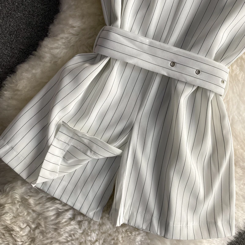 

YIZZHOY Summer New Arrival Office Lady Striped Sleeveless Tailored Collar Top with Belt High Waist Shorts Fashion Two Piece Set