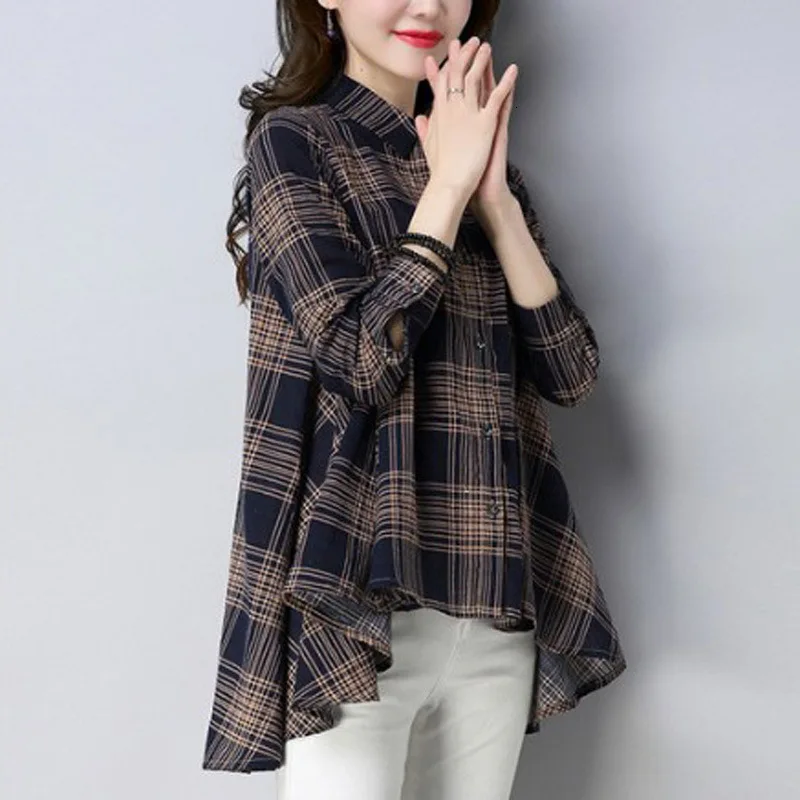 

#1109 Summer Loose Plaid Blouse Women Large Size Long Sleeve Casual Shirts Ladies 35% Cotton Vintage Shirt Female Spring Simple