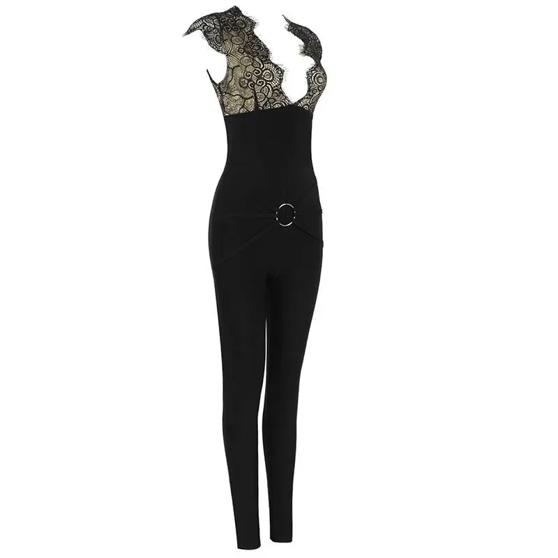 Высококачественный черный кружевной Облегающий комбинезон из вискозы с v