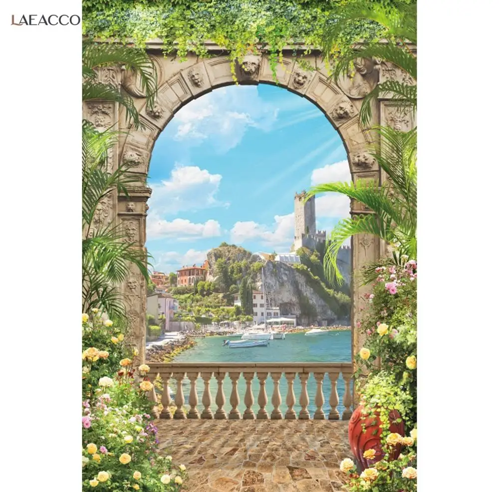 

Laeacco Vintinge Stone Arch Door Sea Flowers Ship Catsle Sky Mable Floor Room Decro Photo Background Photo Backdrop Photocall