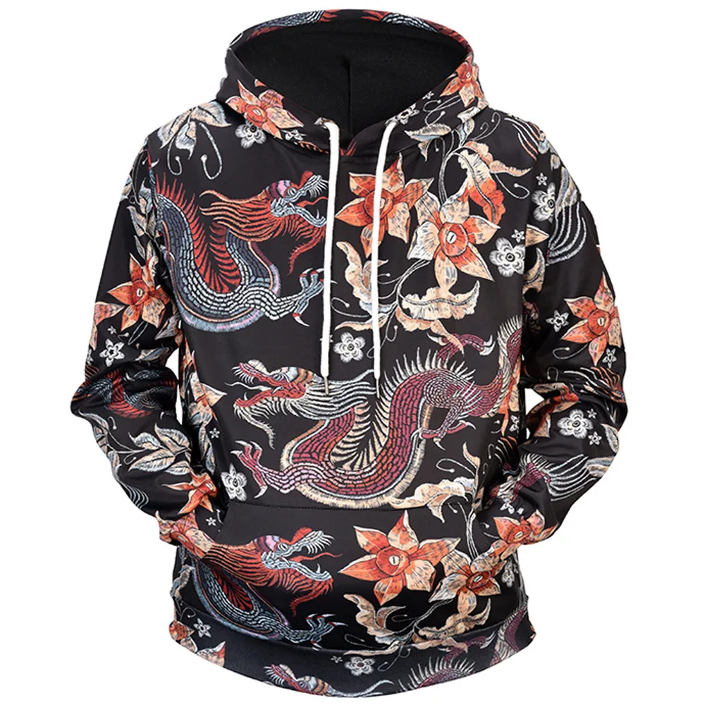 Мужской пуловер с 3D принтом дракона длинный рукав толстовка капюшоном топы