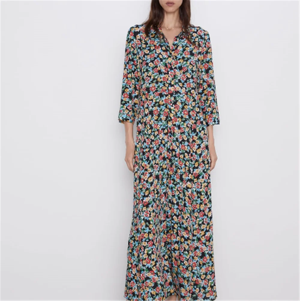Женское богемное платье с цветочным принтом ZA модное отворотами популярное