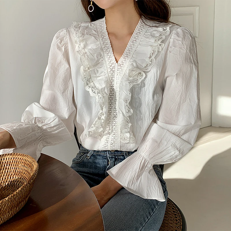 Женская винтажная белая блузка с оборками кружевная элегантная хлопковая