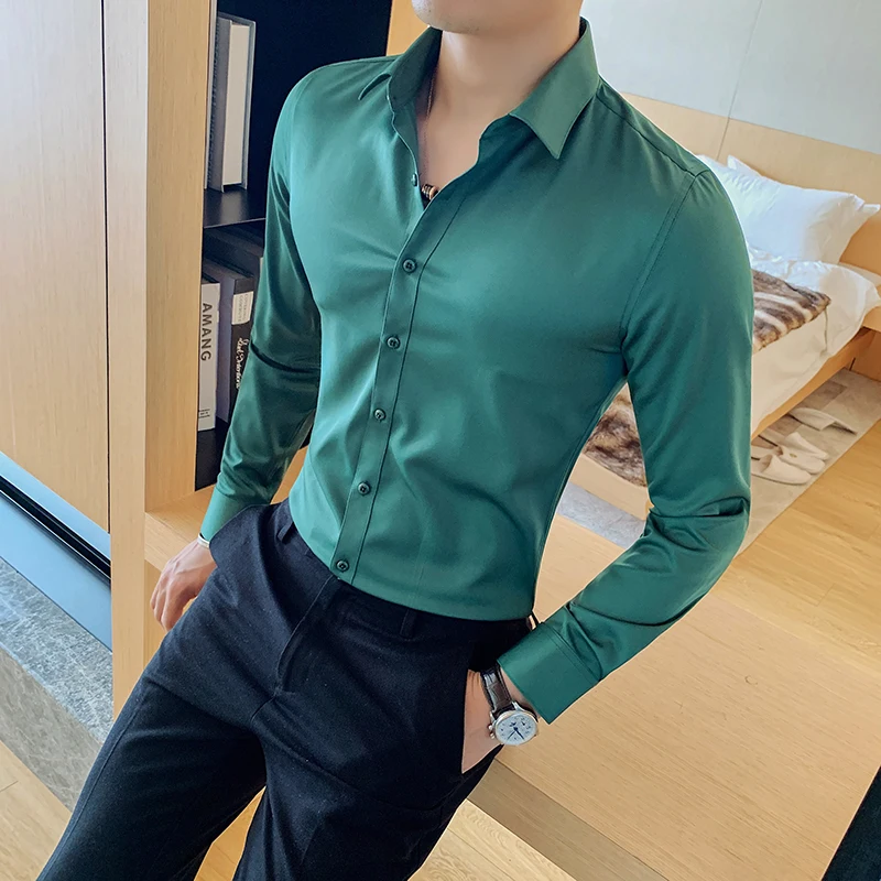 

Casual Blouse Men British Long Sleeve Fashion 2021 Autumn Business Formal Wear Men Shirts Slim Fit Style New Solid Shirt Men