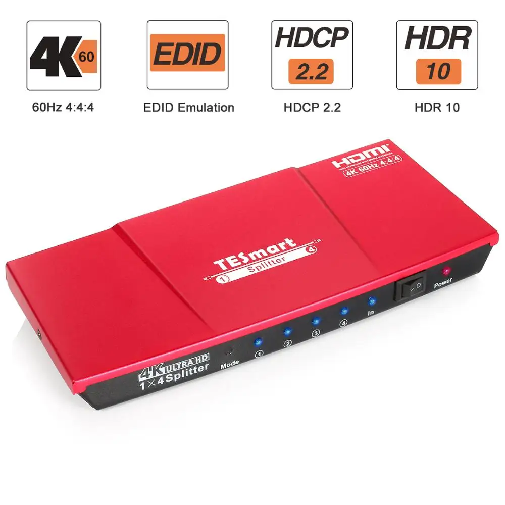

TESmart HDMI Splitter 1x4, UHD 4K@60Hz 4:4:4 Supports HDCP 2.2, 18Gbps, HDR10, Dolby Vision, Lpcm 7.1 with Smart EDID