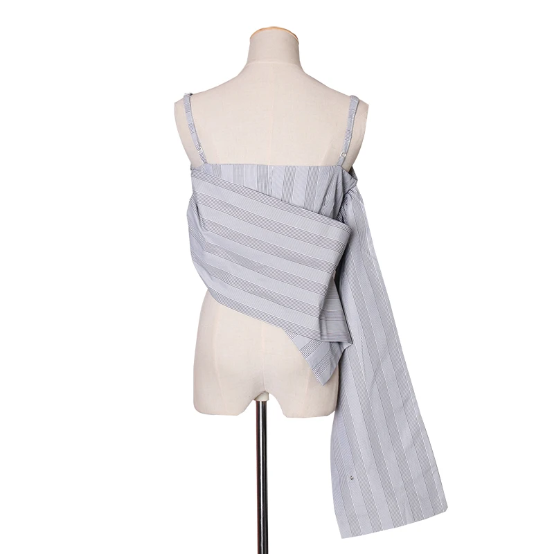 TWOTWINSTYLE, корейский короткий топ, рубашка для женщин, косой воротник, без рукавов, с открытыми плечами, бант, полосатая блузка, женская мода, Новинка лета