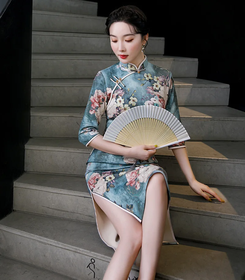 

Винтажное облегающее платье Ципао, классическое платье с принтом и воротником-стойкой, женское банкетное платье, Классические китайские пл...