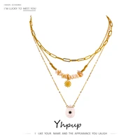yhpup stainless steel high quality 18 k layered necklace bohemian natural pearl stone handmade statement gold necklace jewelry