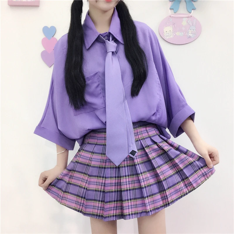 

Japan Kawaii Blouse Womens Plus Size Fashions 2019 Purple Button Up Women Blouse Preppy Style Oversized Loose Tie Top Tumblr