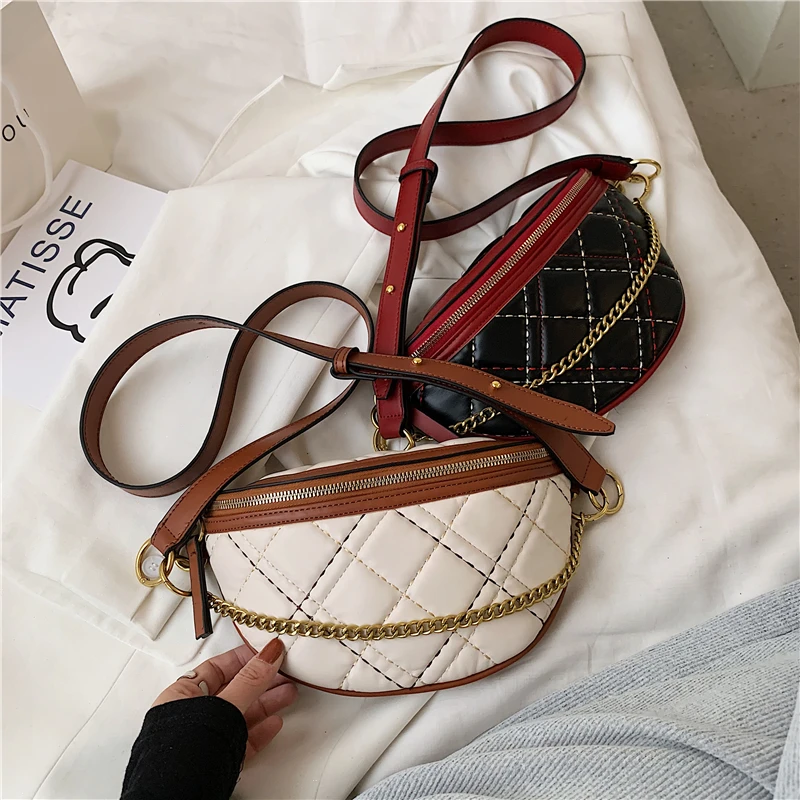 

Summer 2021 Two Tone Quilted Waist Fanny Pack For Women Brand Designer Chain Handle High Quality PU Leather Chest Crossbody Bags