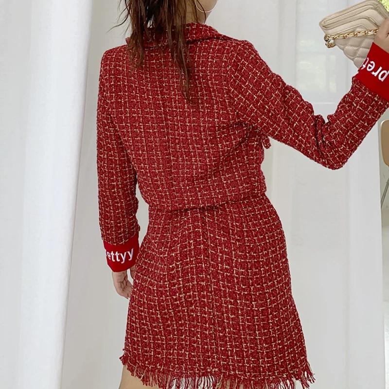 Винтажный Красный твидовый в клетку отложной воротник бант сердце пуговица