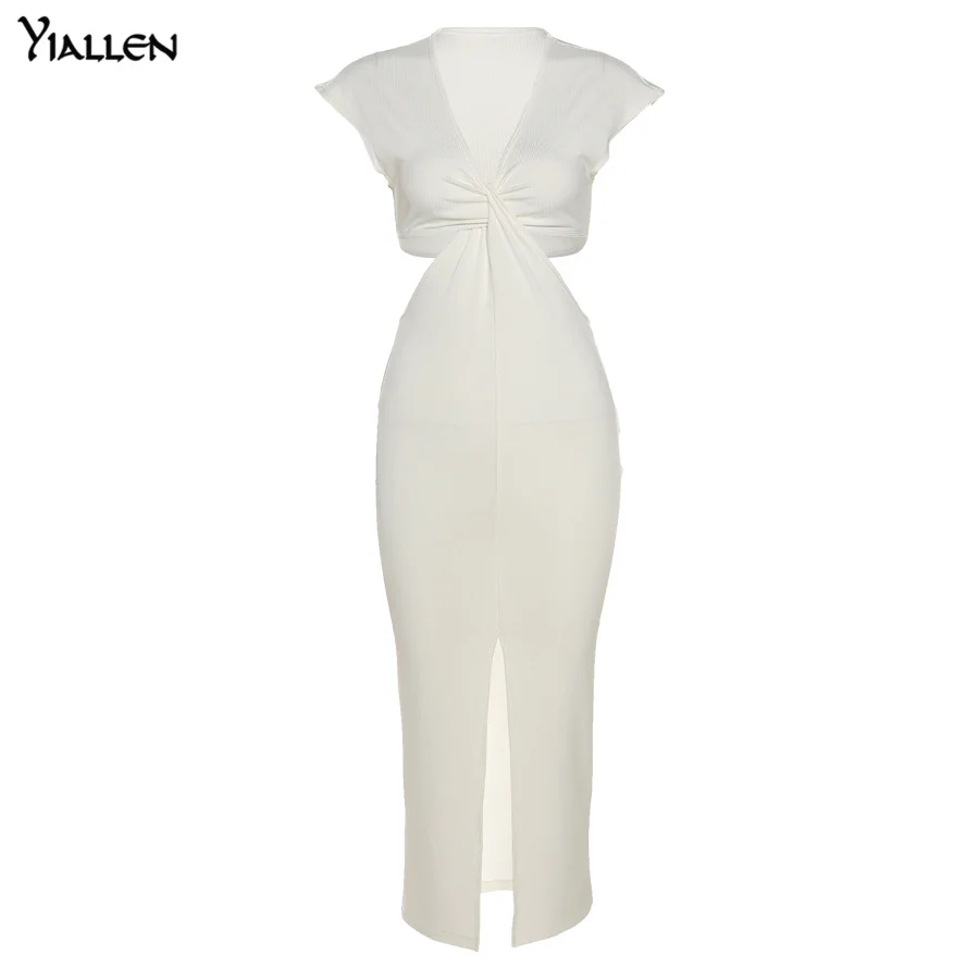 

Yiallen Summer Solid Sexy Waist Hollow Out Dress Women Slim V Neck Sleeveless Knitting Lady Street Casual Split Long Dresses New