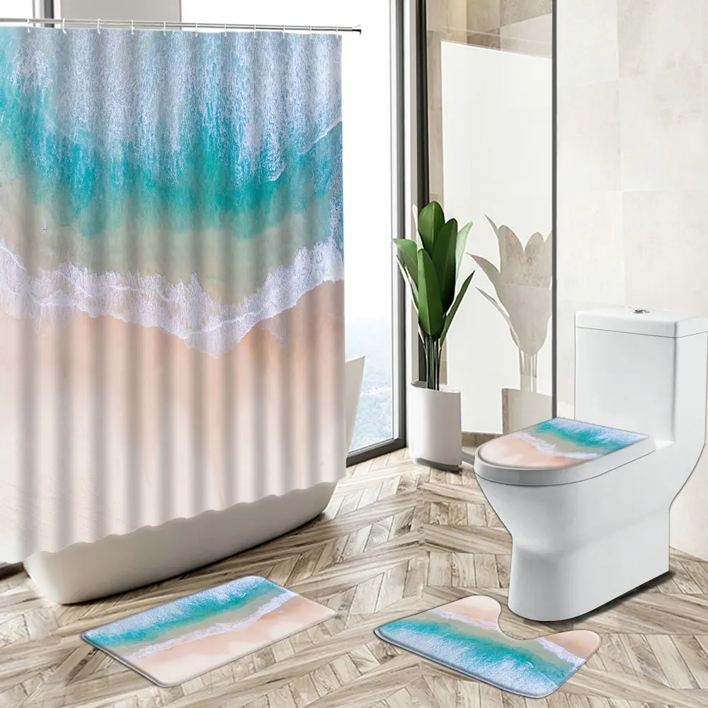 

Ocean Beach Scenery Shower Curtain Holiday Theme Bathroom Waves Natural Landscape Non-Slip Carpet Toilet Cover Bath Foot Mat Set