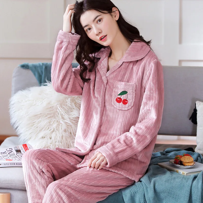 2021 Autumn and Winter Women's Pajamas Thick Warm Flannel Sweet and Cute Home Service Pajama Set Women Sleepwear Pijamas Women