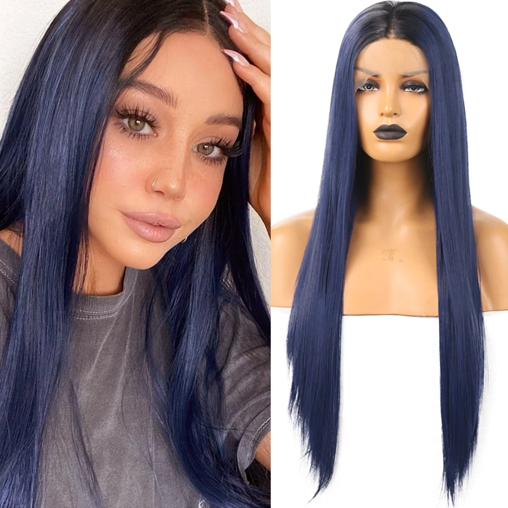 Dianteira do Laço Sintético com Parte do Meio Perucas de Cabelo de Fibra de Alta Fanxiton Peruca Reta Ombre Azul Escuro Cor Temperatura