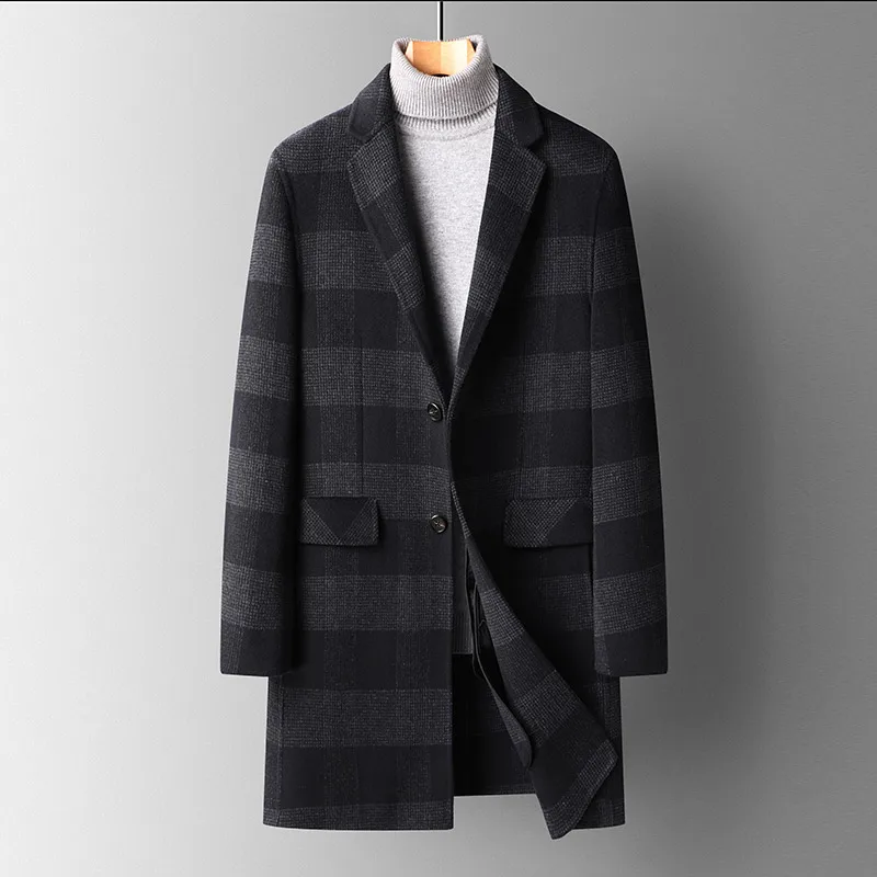 

Men's wool coat with detachable down liner long white duck down plaid windbreaker double-faced tweed coat