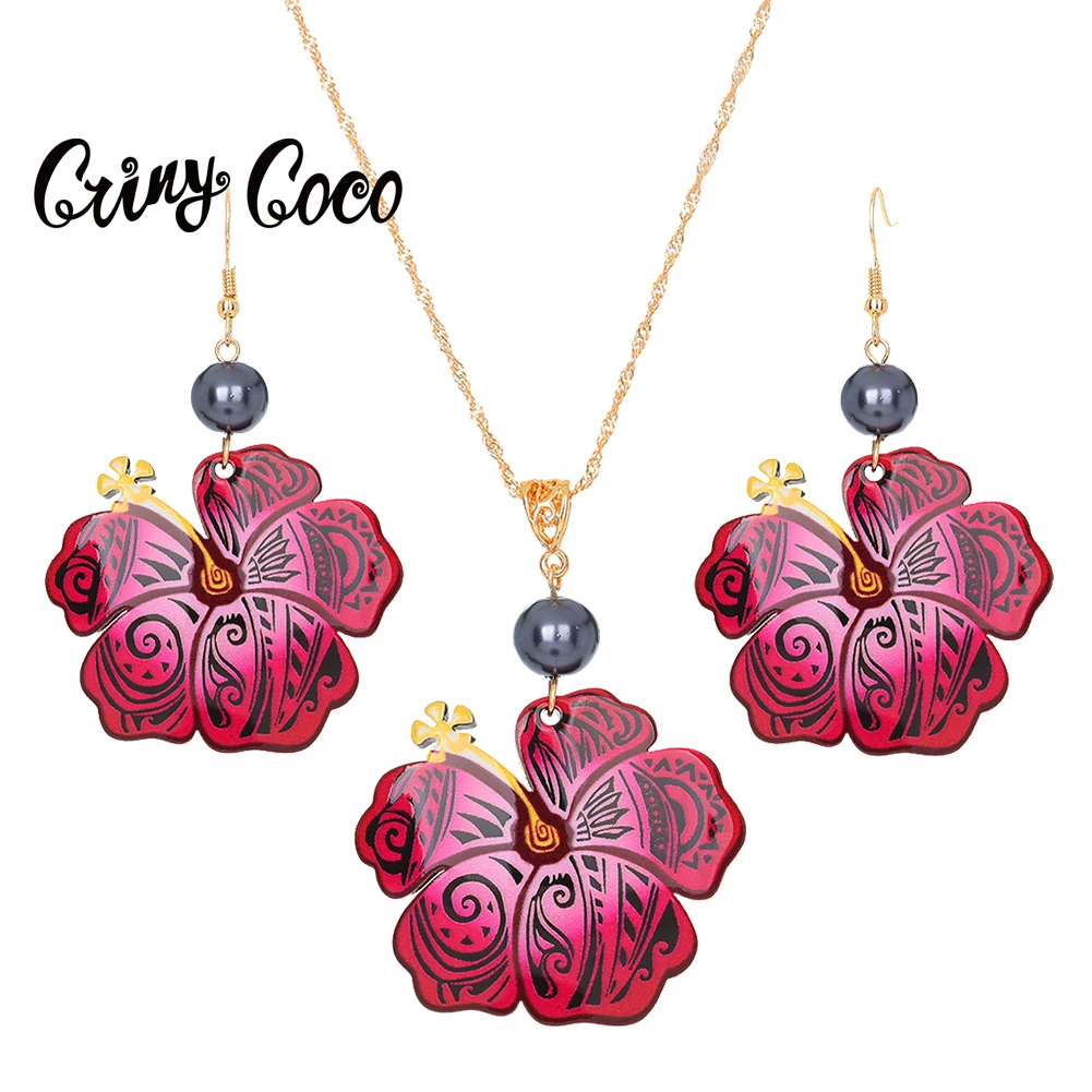 

Комплект украшений для женщин Cring Coco, гавайский полинезийский Ювелирный Комплект, ожерелье с цветком, длинные серьги, шнурок, 2020
