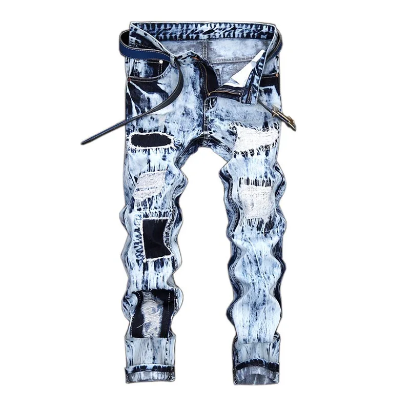 

2021 New Men High Street Ripped Jeans With Patches Straight Harakuju Denim Trousers For Male Pants Washed Embroidery