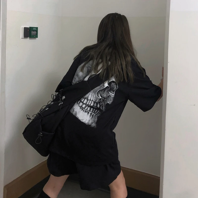 Woherb Summer 2021 Harajuku T Shirt Women Cartoon Skull Print Graphic T-shirt Loose Black Short Sleeve Tee Shirts Streetwear | Женская