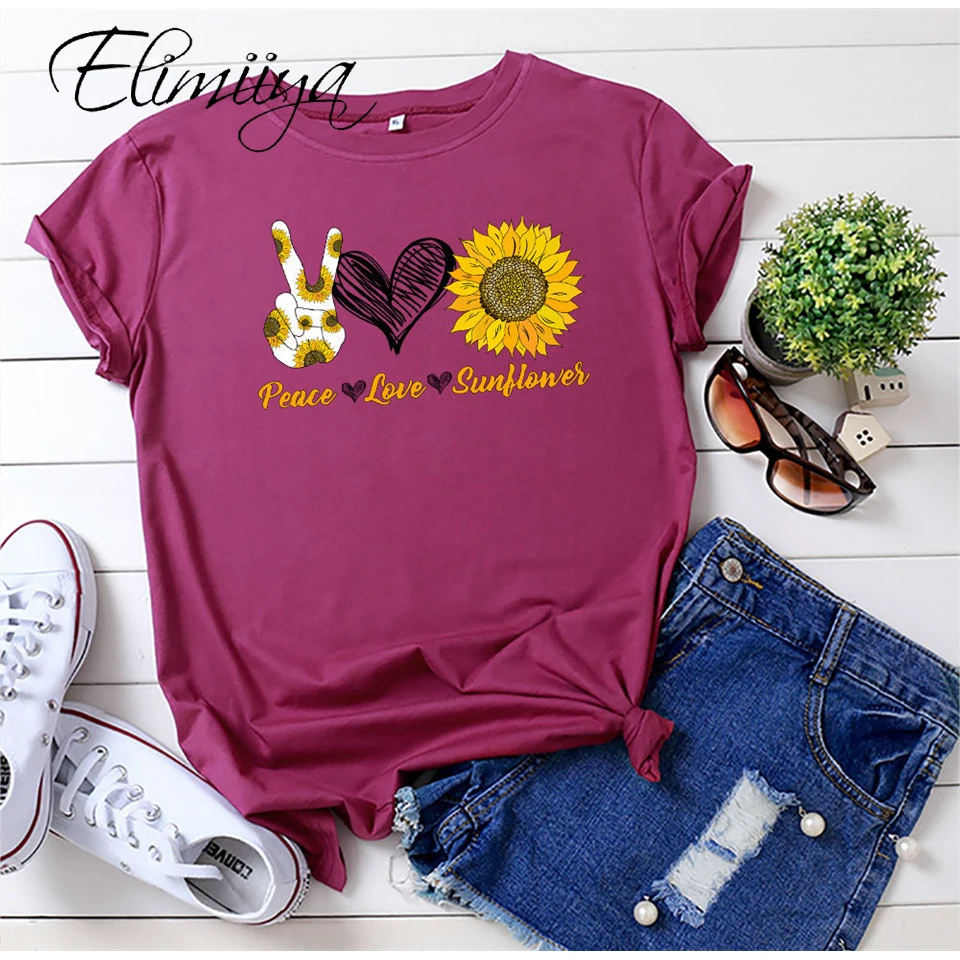 

Elimiiya Peace Love Sunflower Print T shirt Women Casual Cotton T-shirt Plus Size Tshirts Short Sleeve O-Neck Tops Tees Female