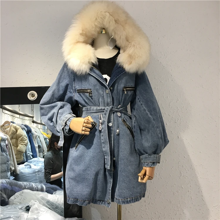 Женская джинсовая куртка с воротником из натурального Лисьего меха съемная