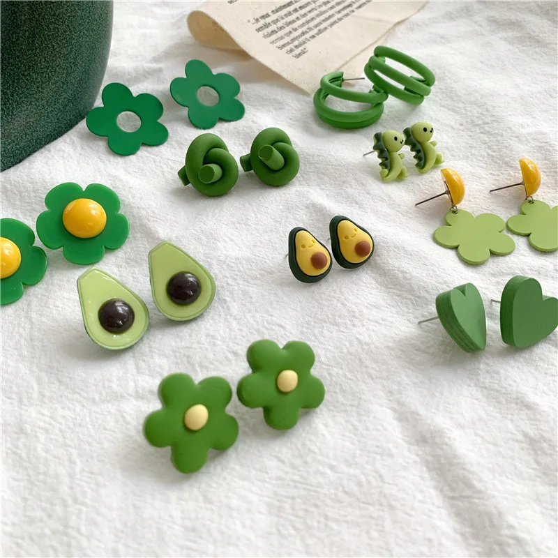 Green Avocado Fruit Stud Earrings For Women Acrylic Flowers Heart Geometric Round Sweet Female Fashion Jewelry | Украшения и