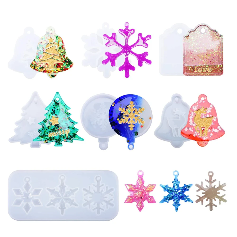 

Christmas Resin Mold Silicone Epoxy Resin Ornament Mold Snowflake Bag Tag Casting Mould Set for Keychain DIY Xmas Decorations