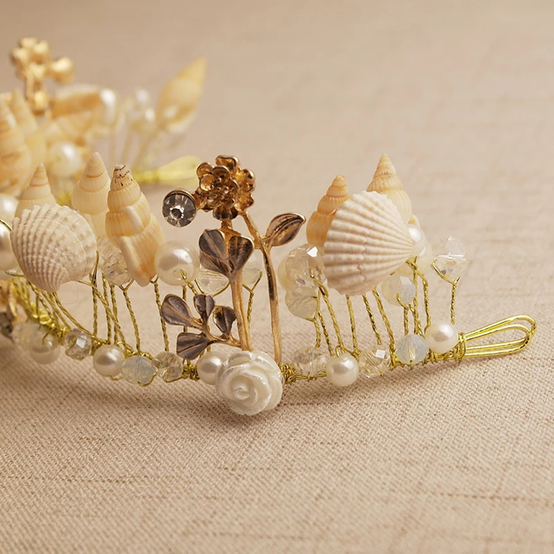 

Bridal Headpieces Charm Headdress Boho Wedding Hair Accessories Bridal Shell Crown Pearl Prom Tiara Headband For Bride