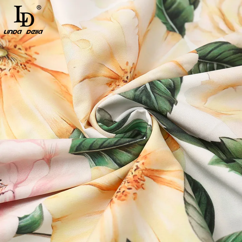 

LD LINDA DELLA New 2021 Bohemian Summer Women's Fashion Vacation Dresses Puff Sleeve Elastic waist Camellia print Midi Dress