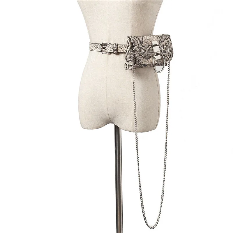 Fashion Women Waist Bag PU Leather Mini Serpentine Fanny Packs Belt Chains Snake Skin Money Flap Handbag 2019 #40 | Багаж и сумки