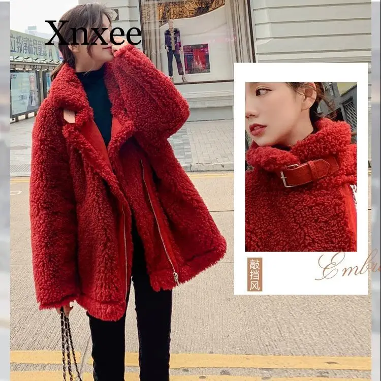 Women Winter Faux Fur Warm Coat Long Sleeve Female Thick Teddy Bear Coat Casual Loose Oversize Red Outwears faux fur coat zipper