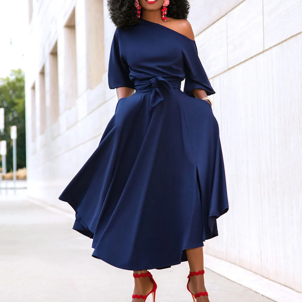 

2021 Summer New European Style Women's Dress Oversize Fashion Temperament One Shoulder Lace Solid Color High Waist