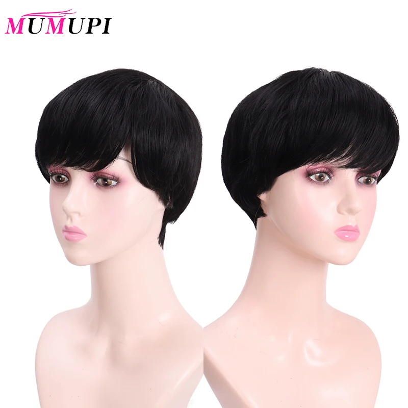 MUMUPI черные короткие прямые синтетические волосы парик с естественной челкой Pixie