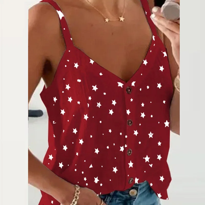 

Sexy Straps Sleeveless Stars Print Shirt Tops Fashion Women Loose V Neck Shirts Blouses Summer Thin Cool Sling Button Blusas 3XL