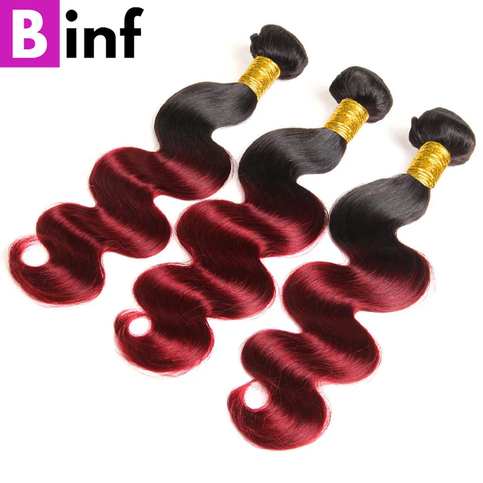 BINF 1B/бордовый пучки с закрытием бразильские волнистые волосы Remy 3/4 4X4 закрытие