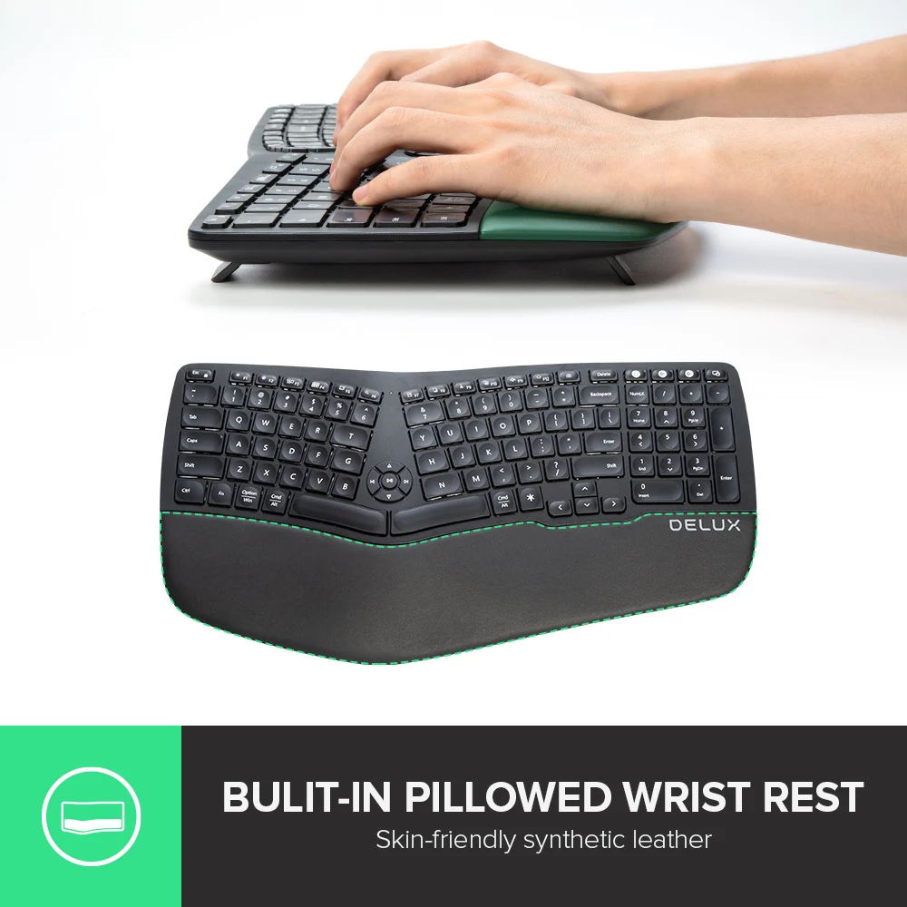 delux gm902 ergonomic wireless keyboard 2 4ghz  bt scissor switches rechargeable  keypads for