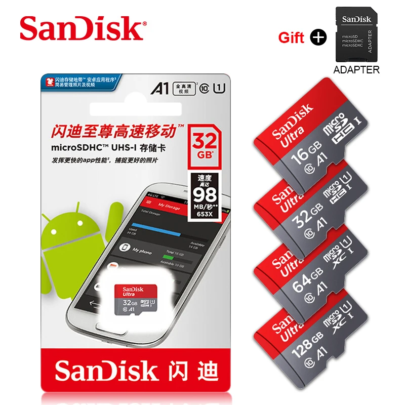 

100%SanDisk Memory Card 16GB 32GB 64GB 128GB 256GB A1 Micro sd card Class10 UHS-1 flash card Memory Microsd TF/SD Card + Adapter