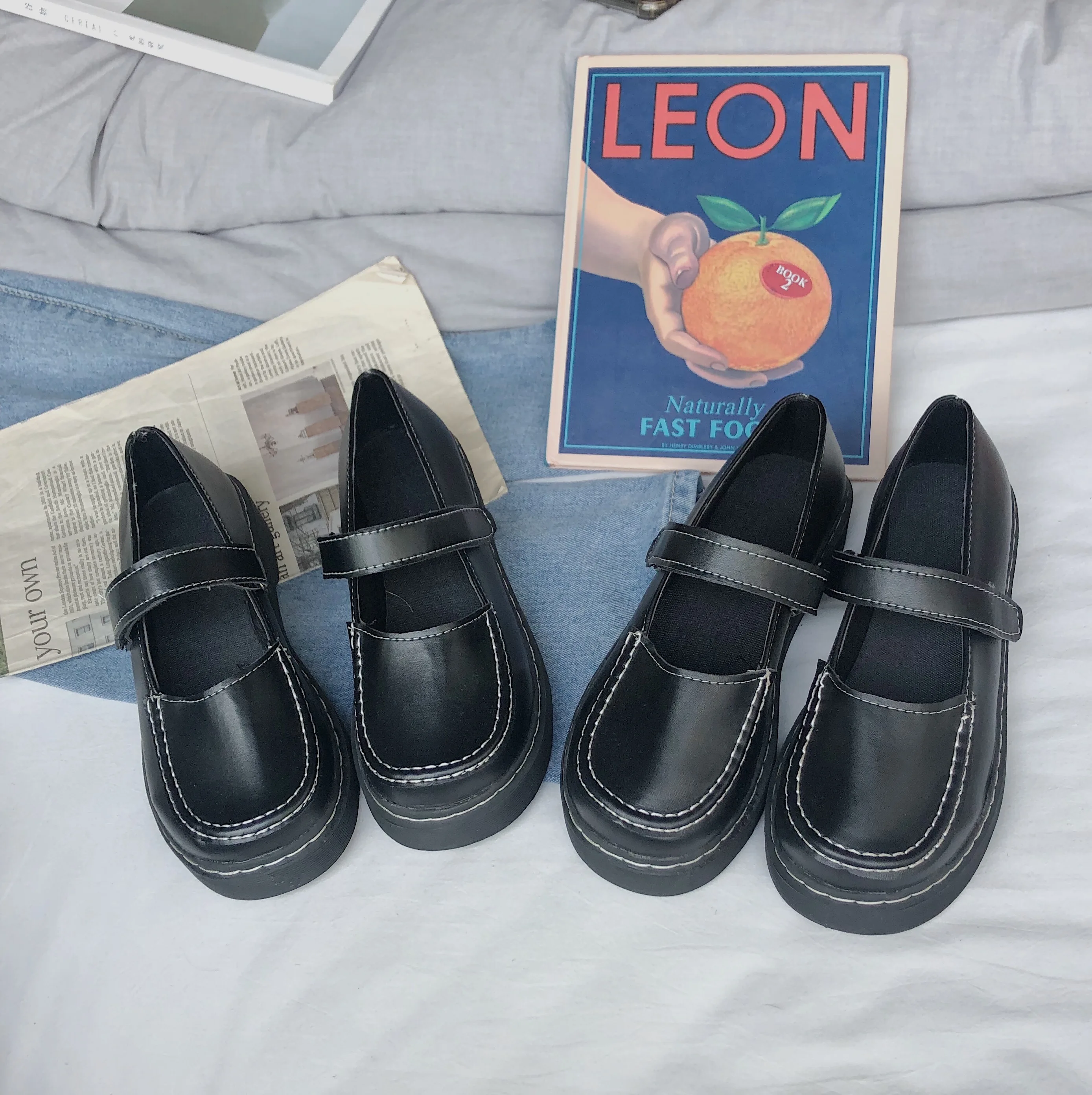 Женские маленькие туфли в Корейском стиле черные на плоской подошве ретро